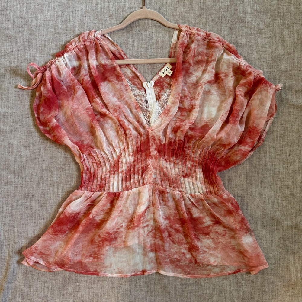 POL Tie Dye V-Neck Lace Inset Smocked Waist Peplum Top S Pink White